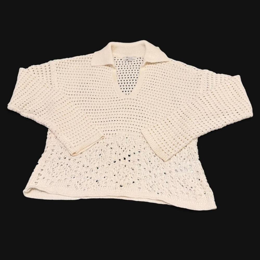 Madewell Cream Crochet Collared Sweater Knit Top Lomg Sleeve Sm Prep Old Money